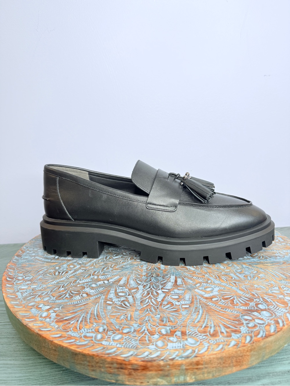 NWT Stuart Weitzman Ultra Lug Black Leather Double Tassel Loafer Size 12 - Picture 2 of 16